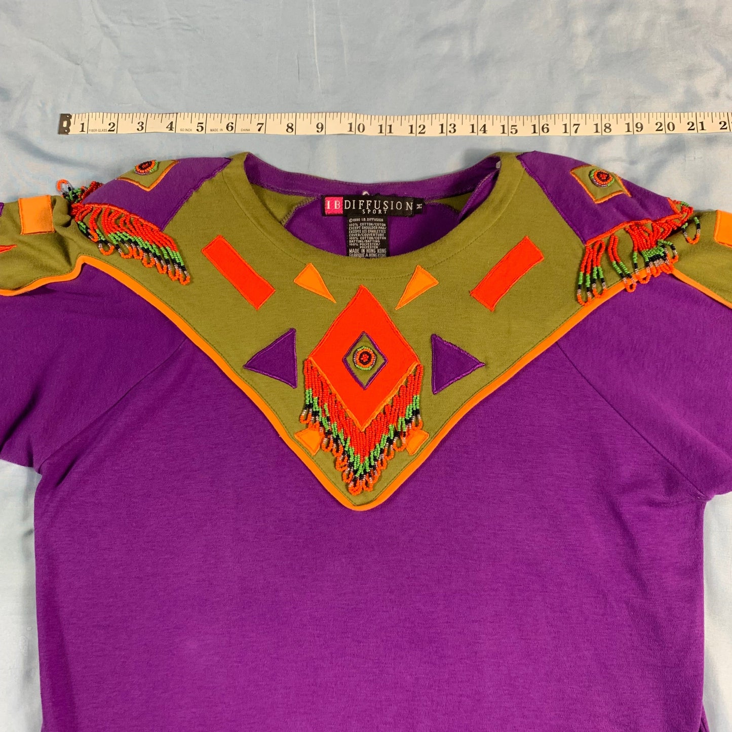 90s vintage 3/4 sleeve beaded fringe top - size M