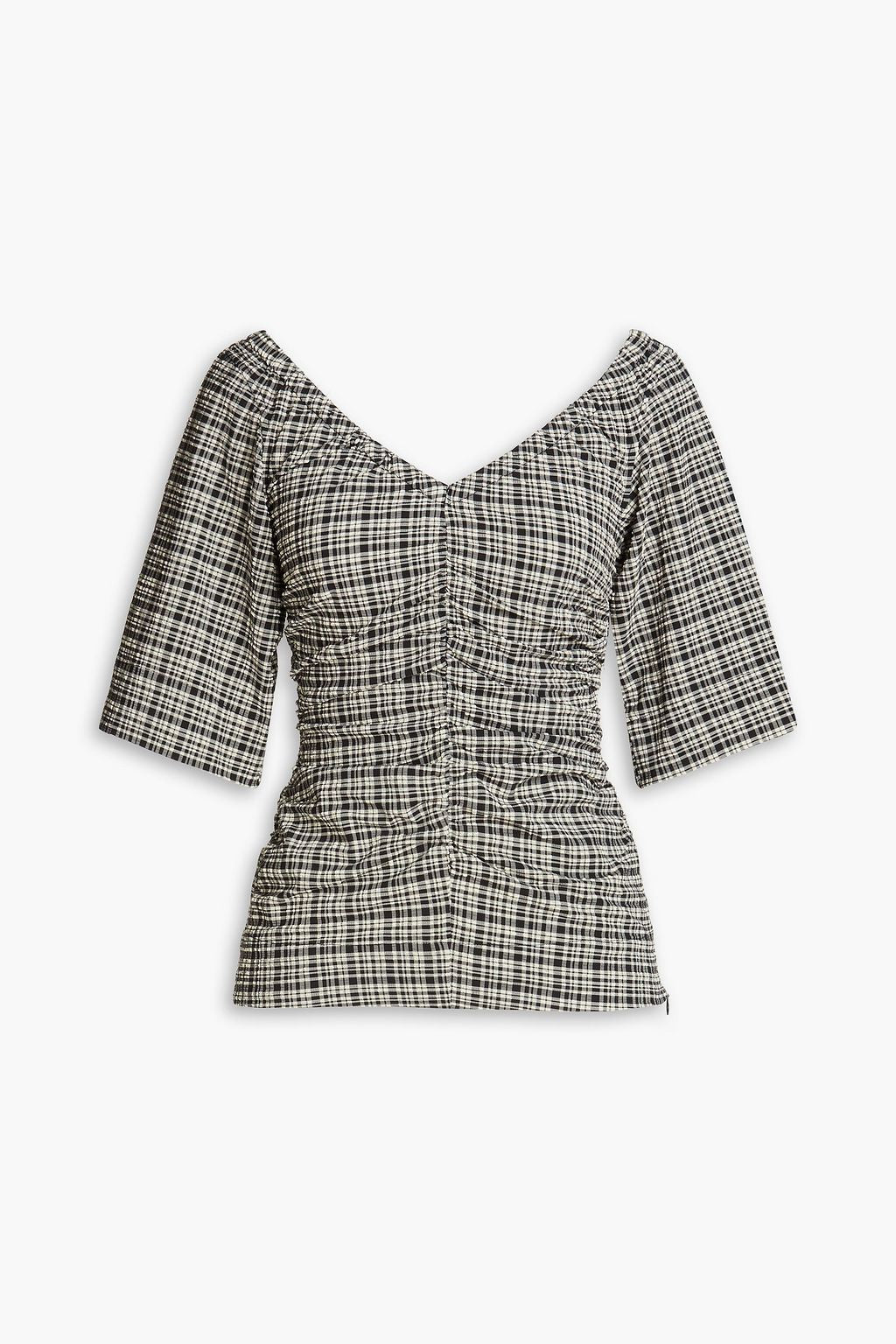 archival Ganni ruched stretch seersucker v-neck blouse - M/L