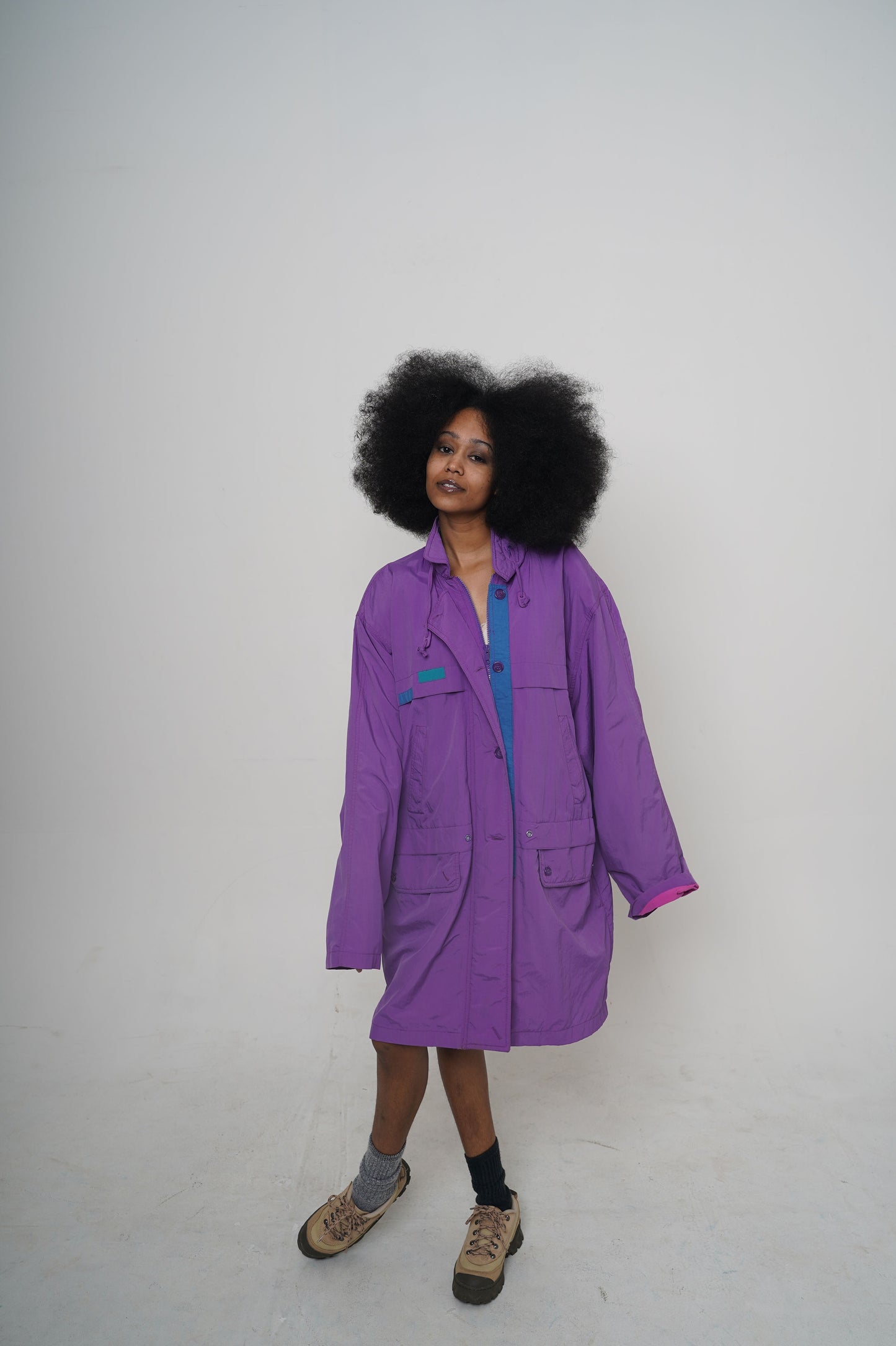 90s VTG purple nylon colorblock utility parka jacket - L/XL