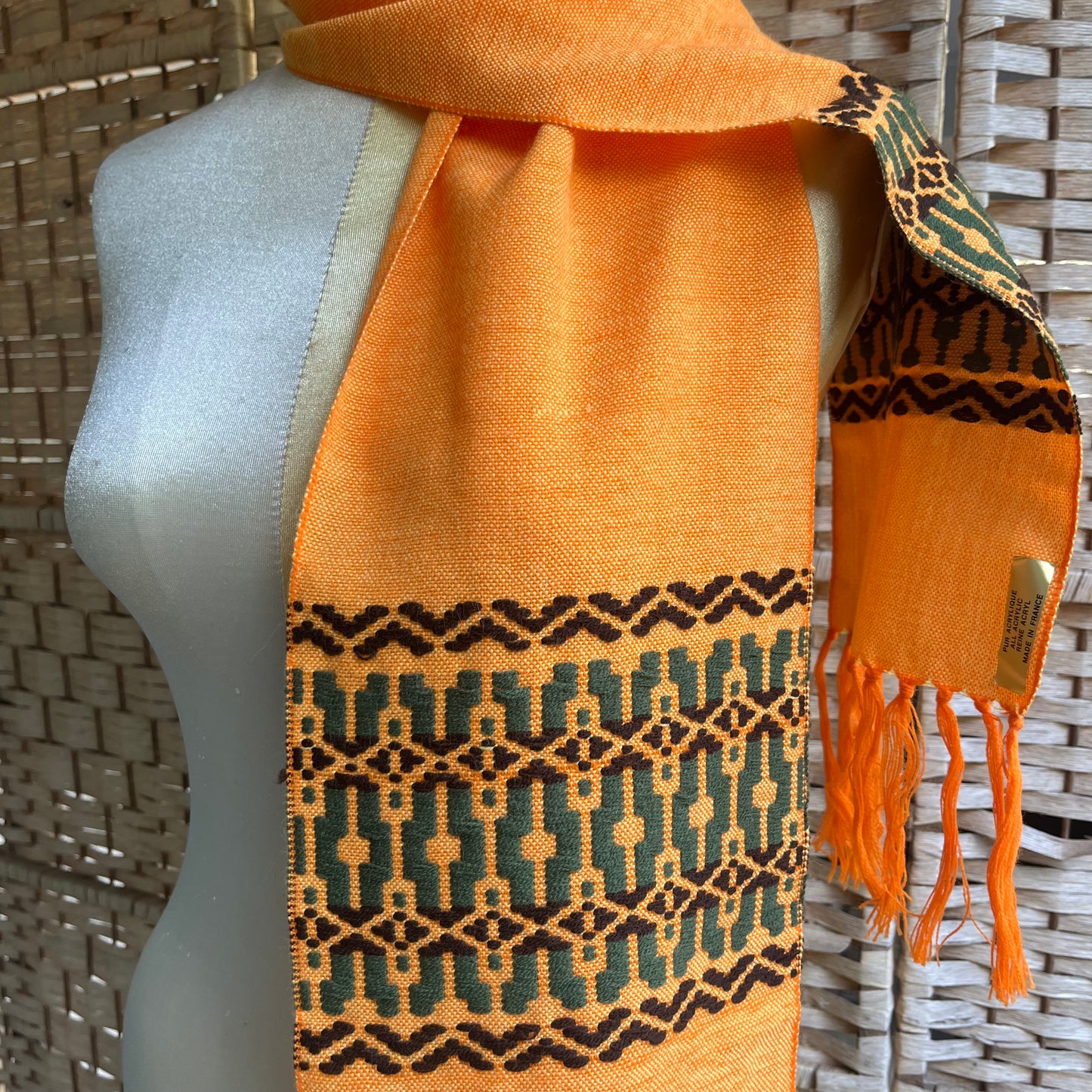 70s VTG French woven geometric jacquard fringe scarf - O/S