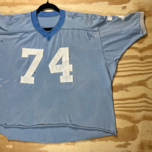 80s VTG thrashed cropped faded blue football jersey - XL/XXL