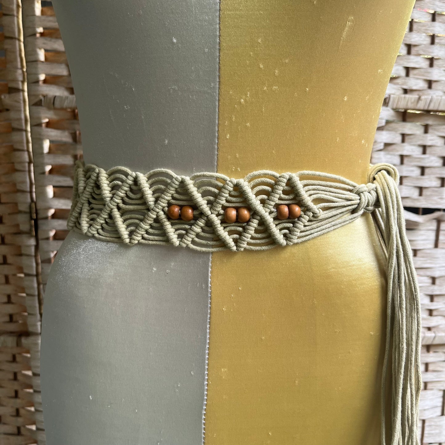 70s VTG macrame wood bead tie belt sash - O/S
