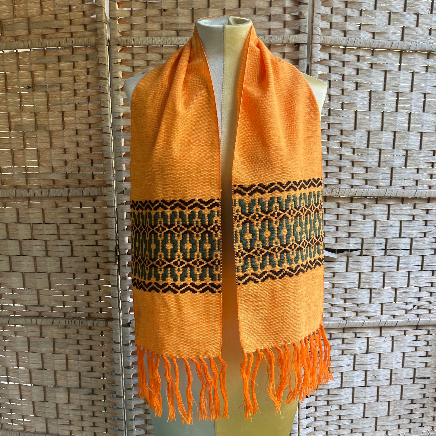70s VTG French woven geometric jacquard fringe scarf - O/S