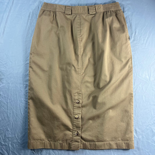 90s VTG khaki cotton chino pleated button back midi skirt - 30/32 - WL/M30