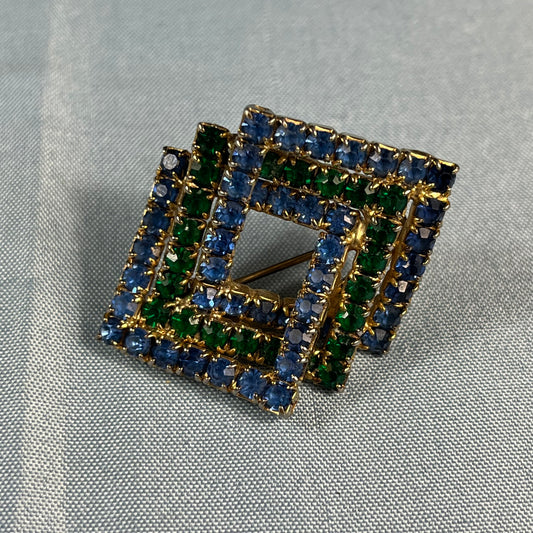 60s VTG emerald & blue rhinestone geometric brooch - O/S