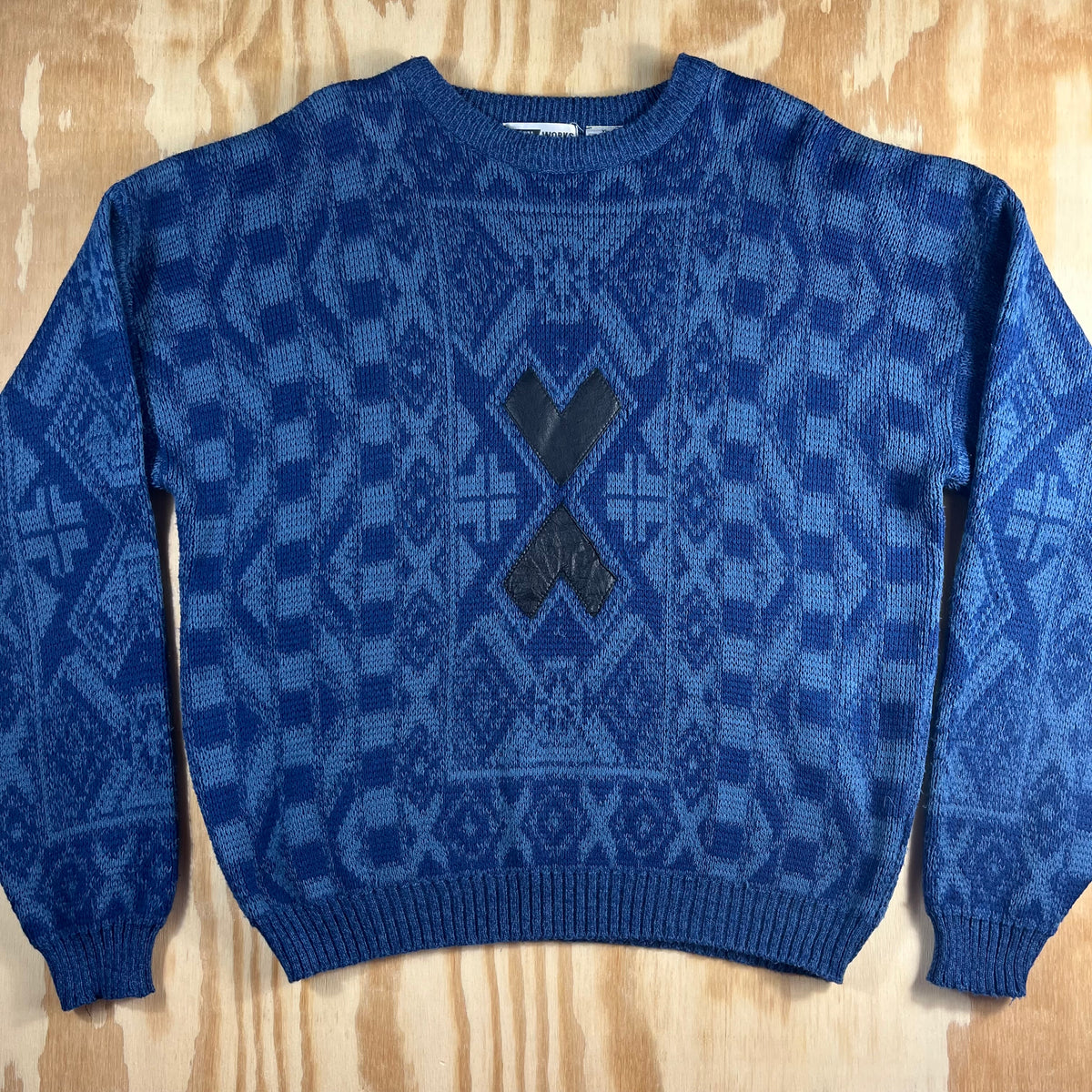 80s VTG Urban Works blue geometric leather patch knit sweater - XL/2XL