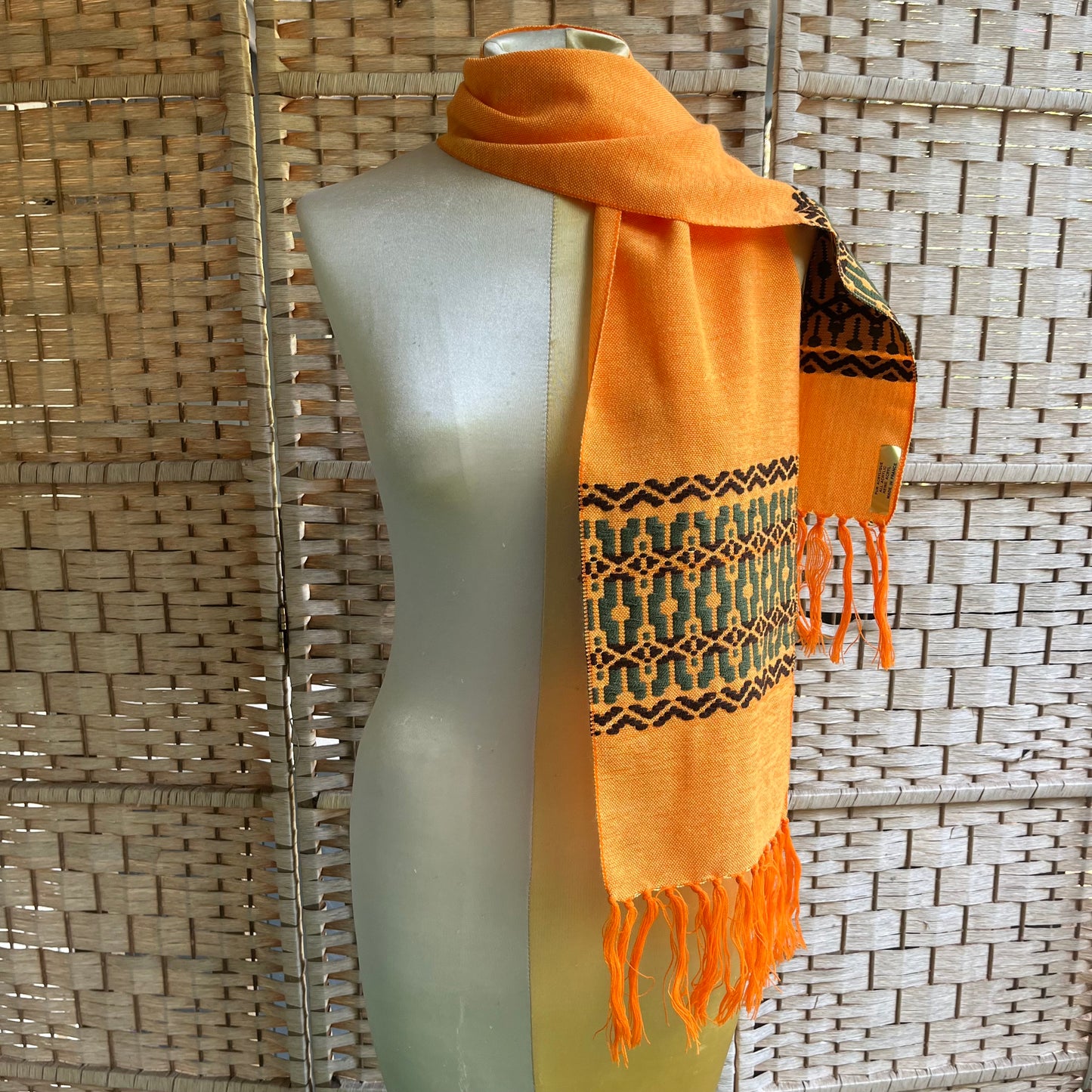 70s VTG French woven geometric jacquard fringe scarf - O/S