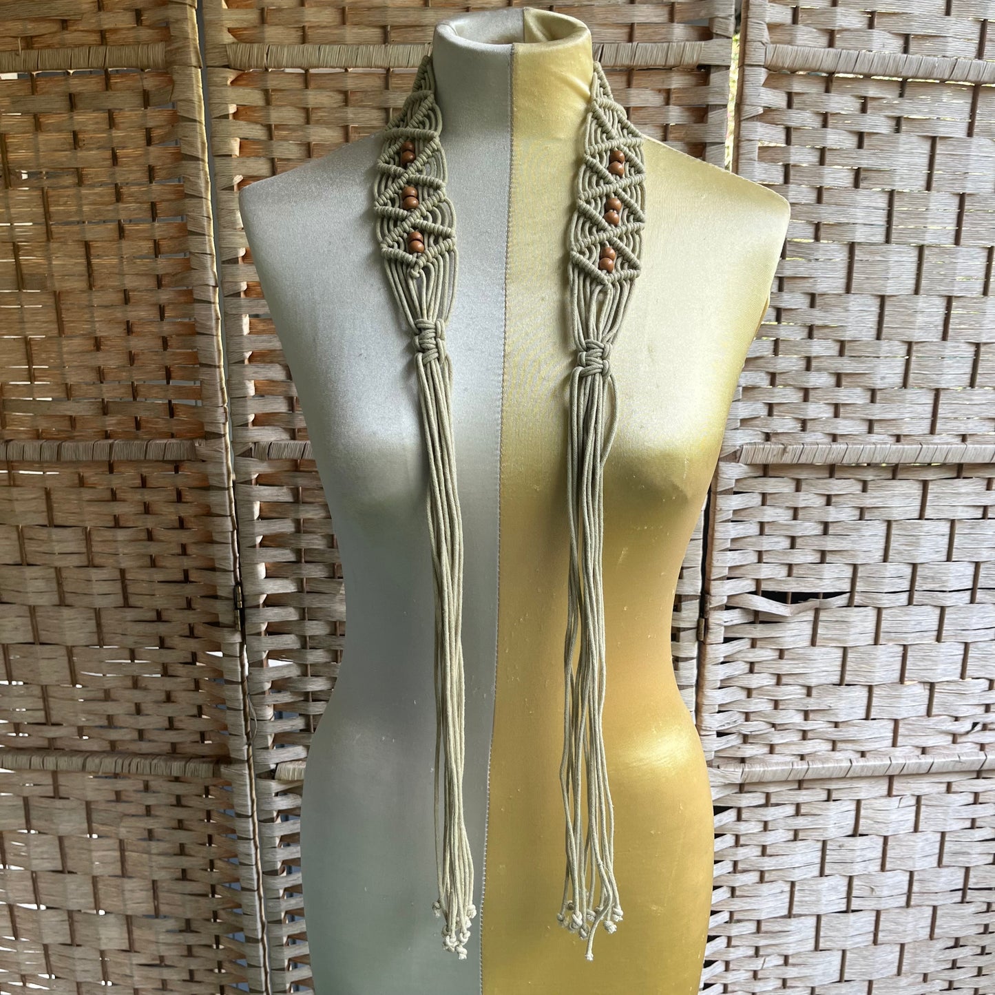 70s VTG macrame wood bead tie belt sash - O/S