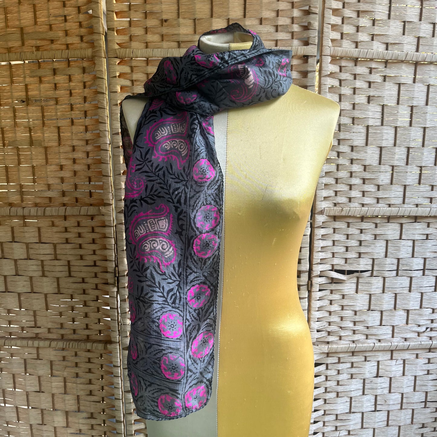 preloved woodblock print raw silk paisley scarf - O/S