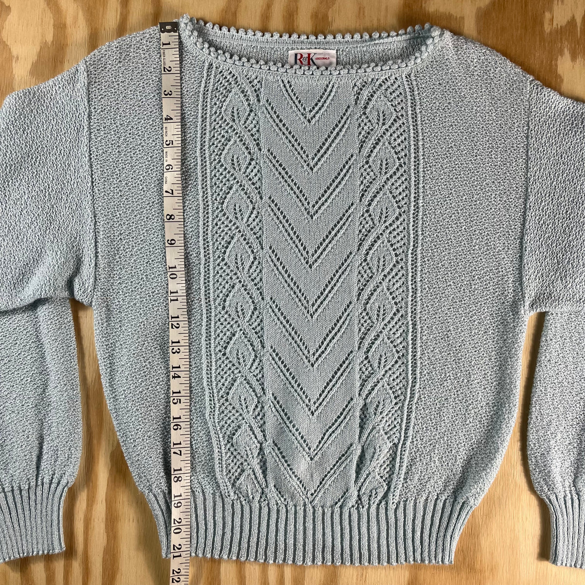 80s VTG R&K Originals baby blue pointelle balloon sleeve sweater - S/M