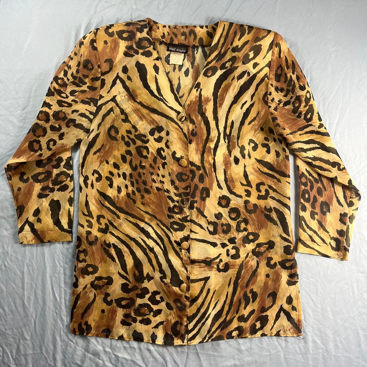 90s VTG HOT STUFF sheer leopard tiger tunic blouse - S/M