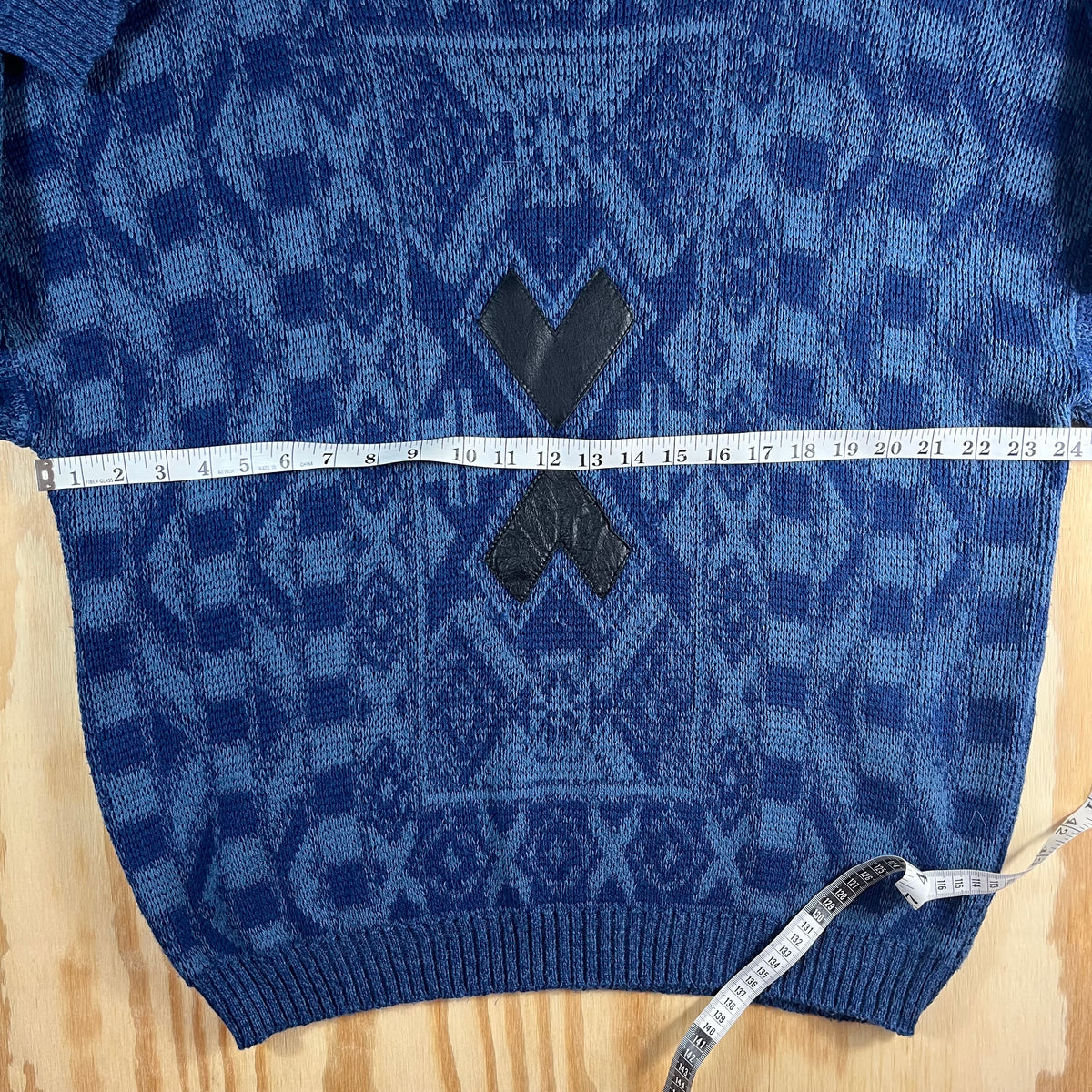 80s VTG Urban Works blue geometric leather patch knit sweater - XL/2XL