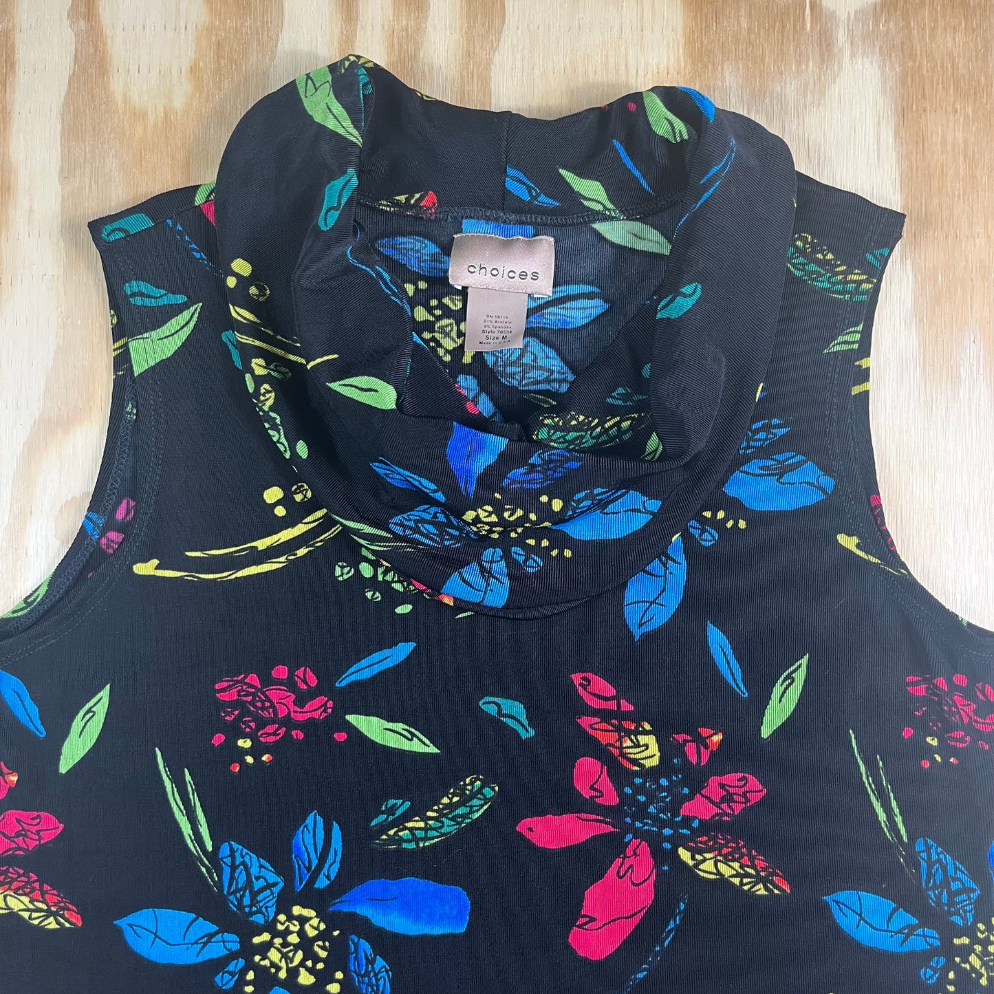 Y2K VTG Choices cowl neck neon floral slinky top - S/M