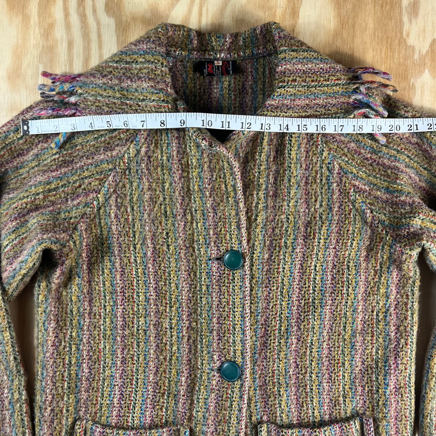 70s VTG Welsh Wool tapestry fringe striped cardigan coat - S/M