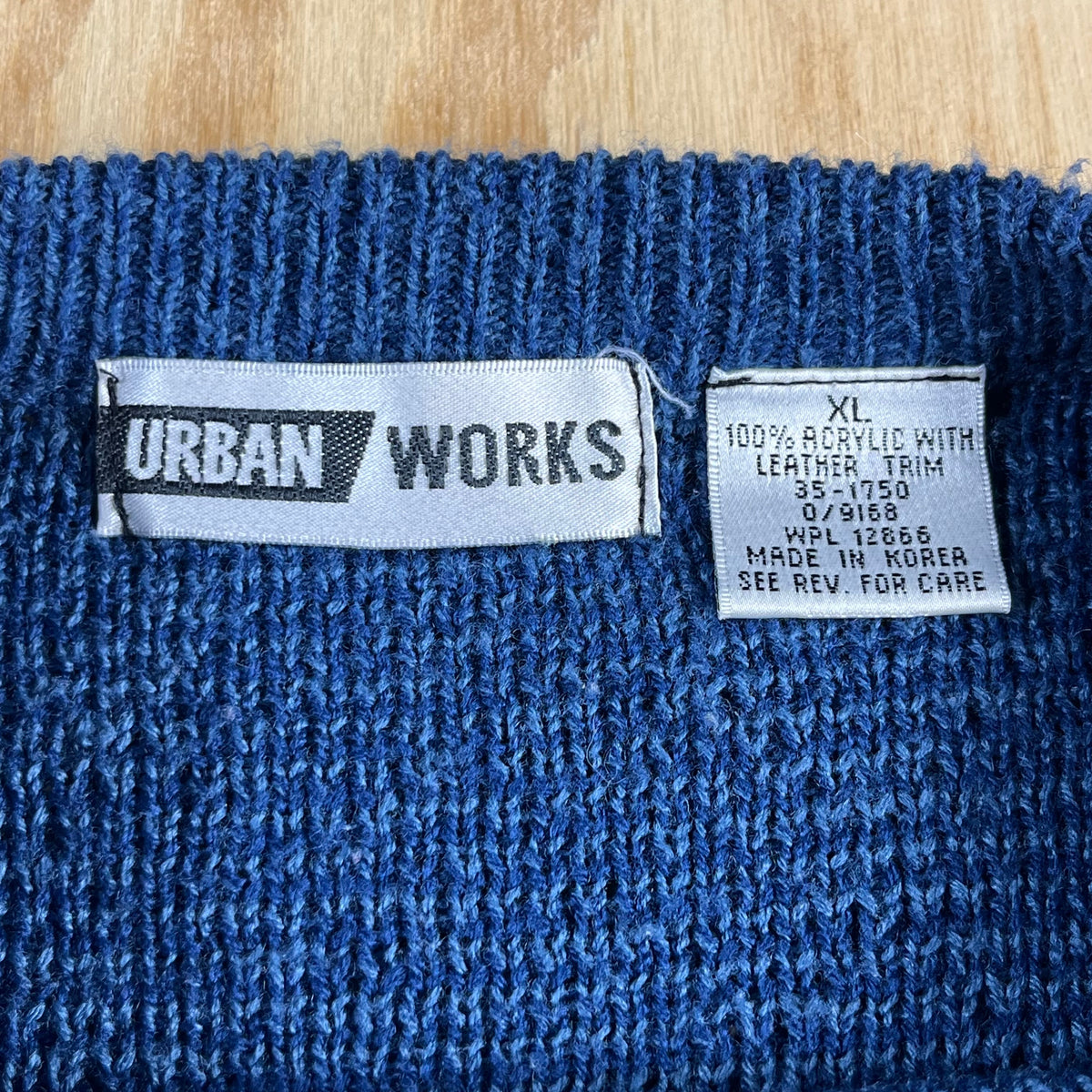 80s VTG Urban Works blue geometric leather patch knit sweater - XL/2XL