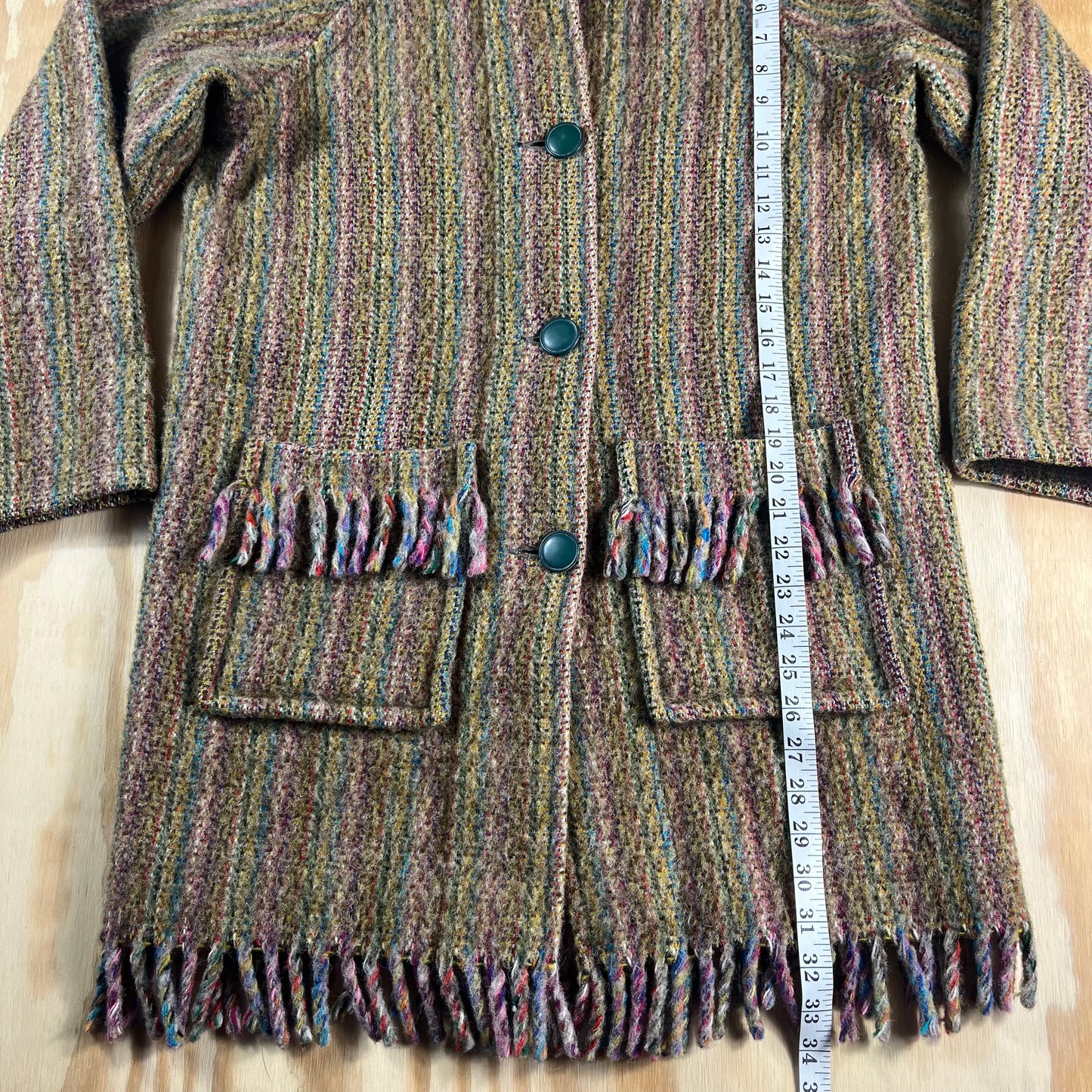 70s VTG Welsh Wool tapestry fringe striped cardigan coat - S/M