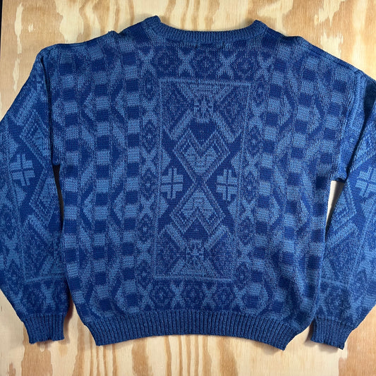 80s VTG Urban Works blue geometric leather patch knit sweater - XL/2XL