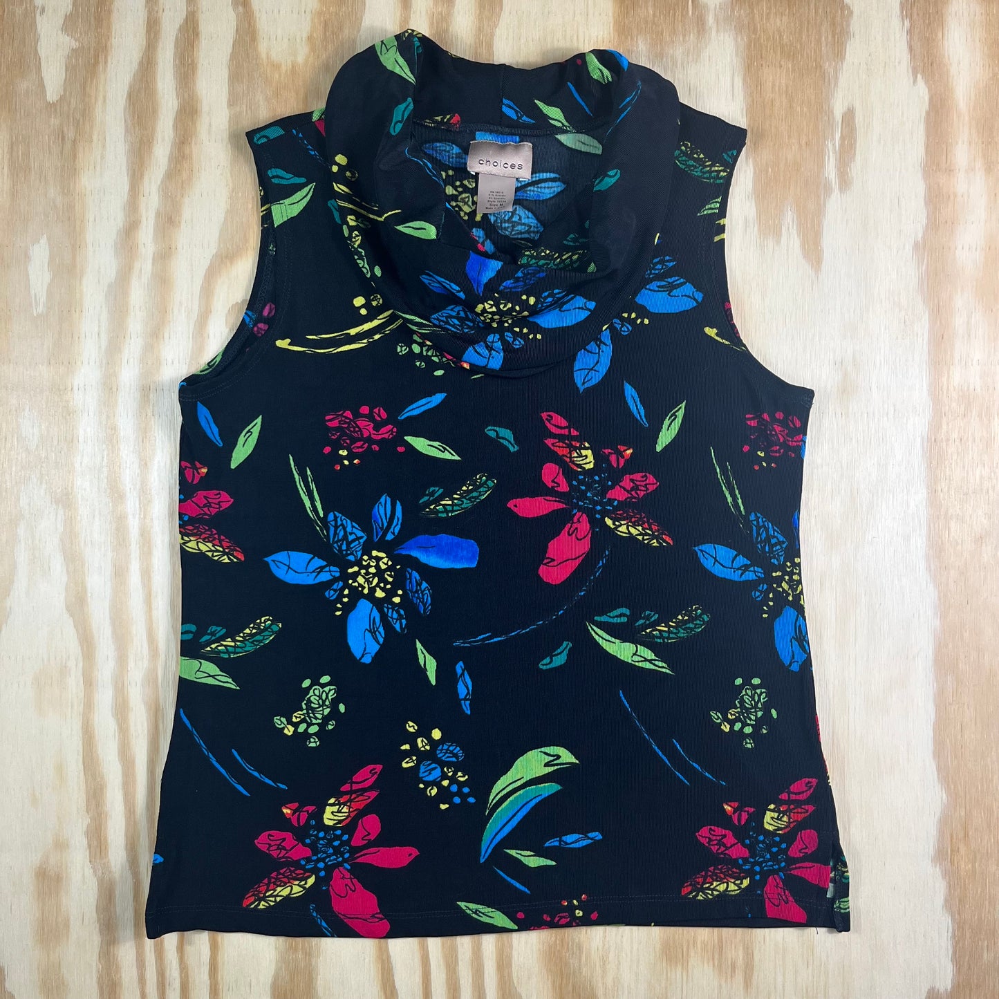 Y2K VTG Choices cowl neck neon floral slinky top - S/M