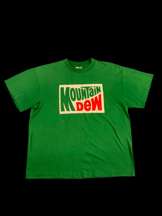 Green t-shirt with Mountain Dew logo on a white background