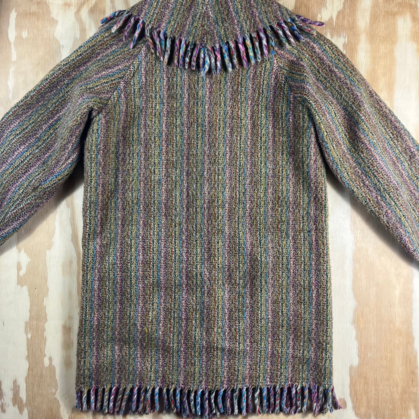 70s VTG Welsh Wool tapestry fringe striped cardigan coat - S/M