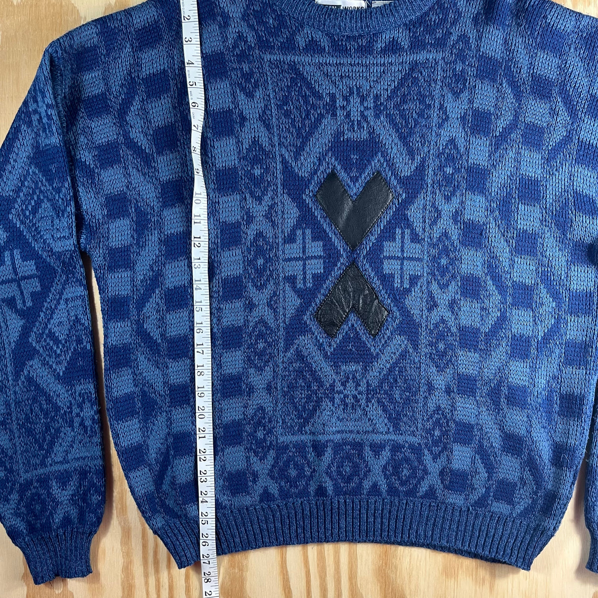 80s VTG Urban Works blue geometric leather patch knit sweater - XL/2XL