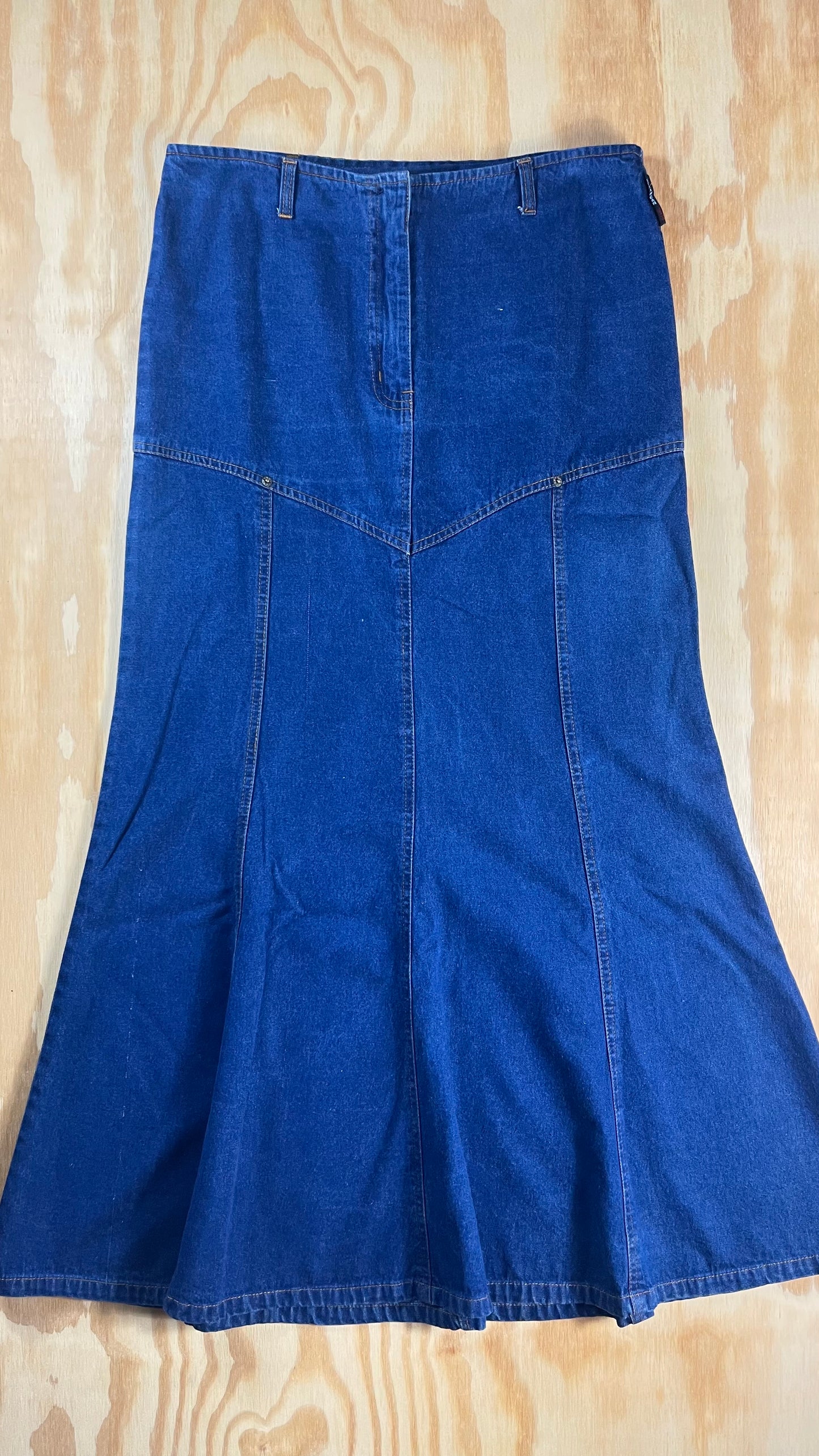 Y2K VTG Starwear Jeans paneled flare denim maxi skirt - W14/M36