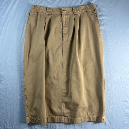 90s VTG khaki cotton chino pleated button back midi skirt - 30/32 - WL/M30