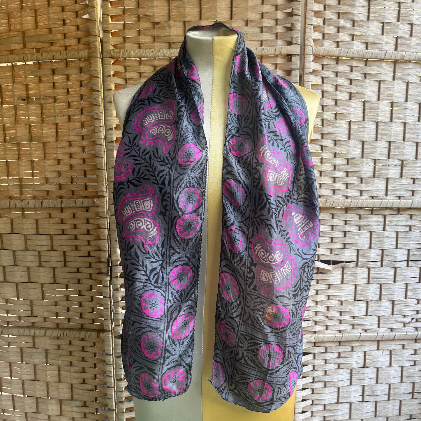 preloved woodblock print raw silk paisley scarf - O/S