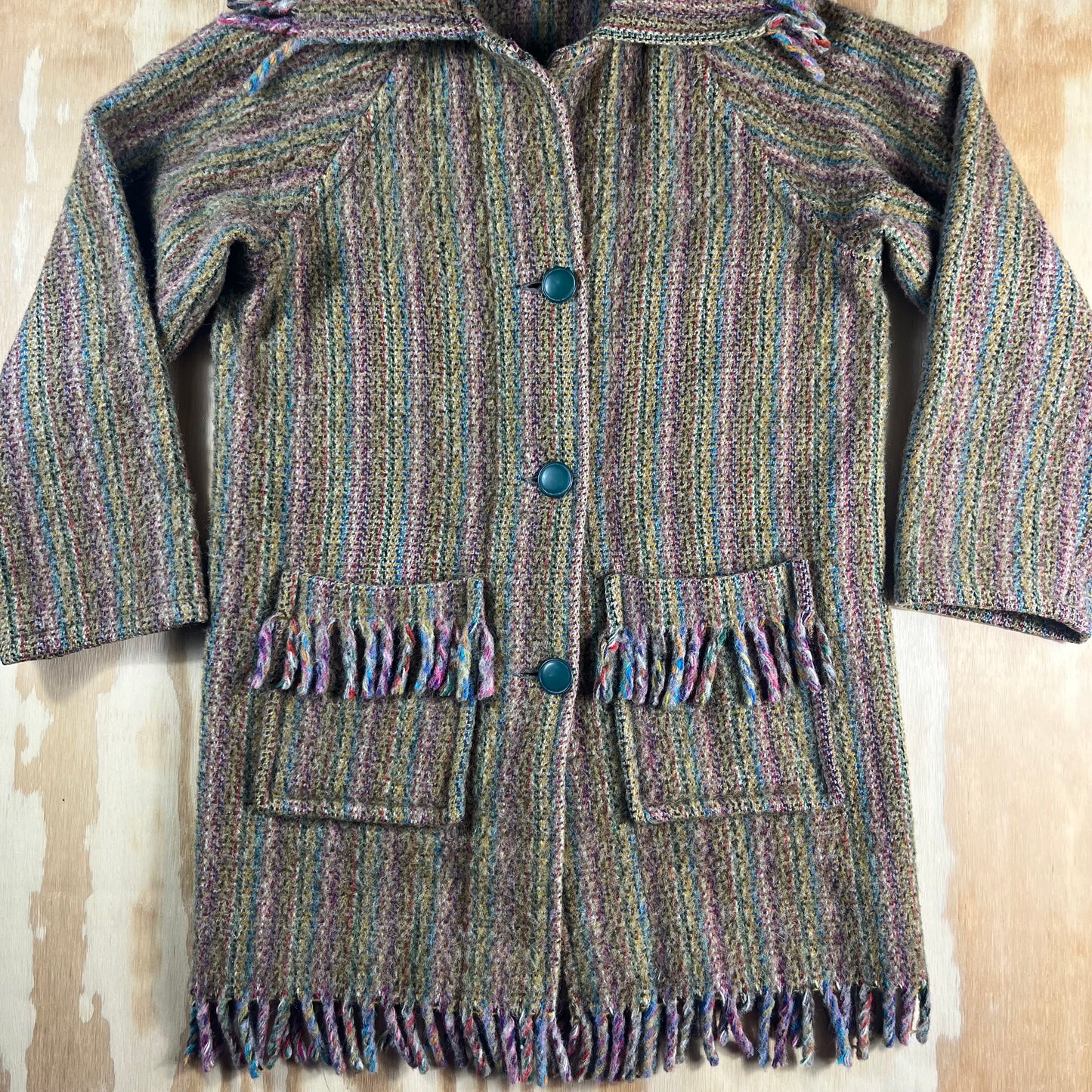 70s VTG Welsh Wool tapestry fringe striped cardigan coat - S/M