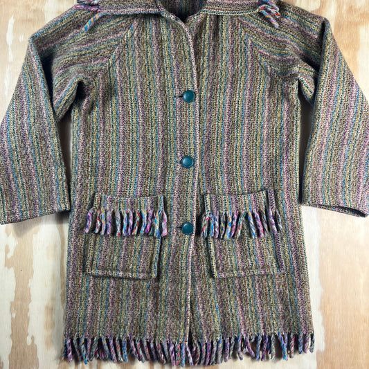 70s VTG Welsh Wool tapestry fringe striped cardigan coat - S/M