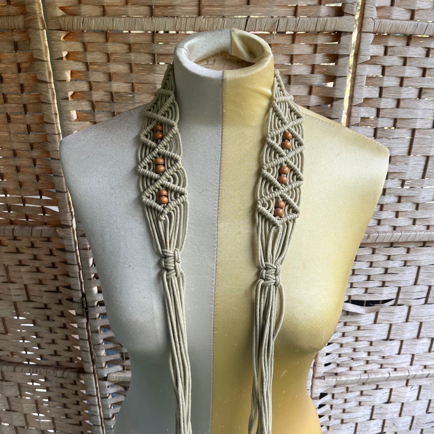 70s VTG macrame wood bead tie belt sash - O/S