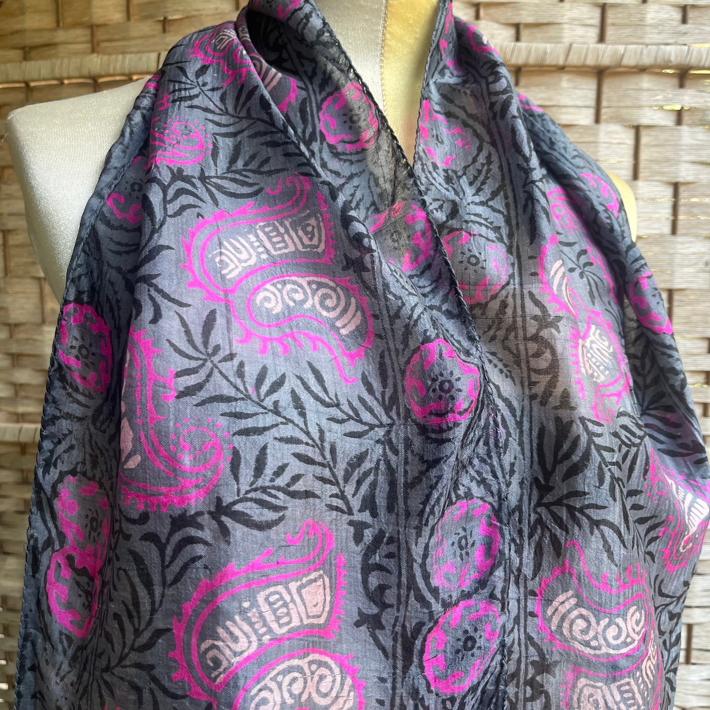 preloved woodblock print raw silk paisley scarf - O/S